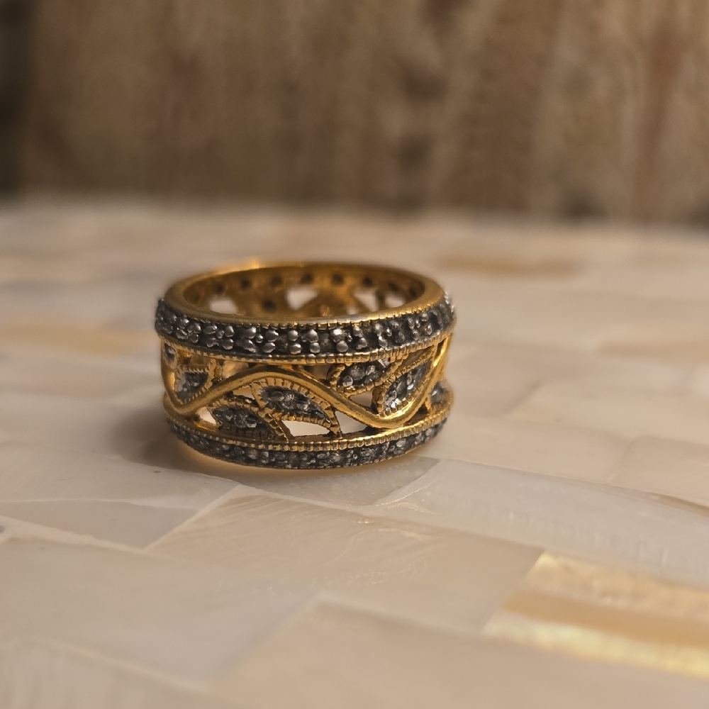 Gold Tone Silver Tone Cubic Zirconia Wide Band Ring, Leaf Pave, Size 10.5